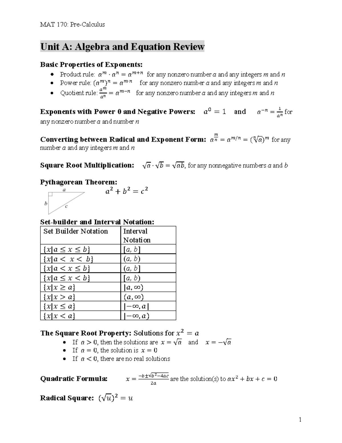 MAT 170 Formulas Printable Version 03 - CHM1045L - TCC - Studocu