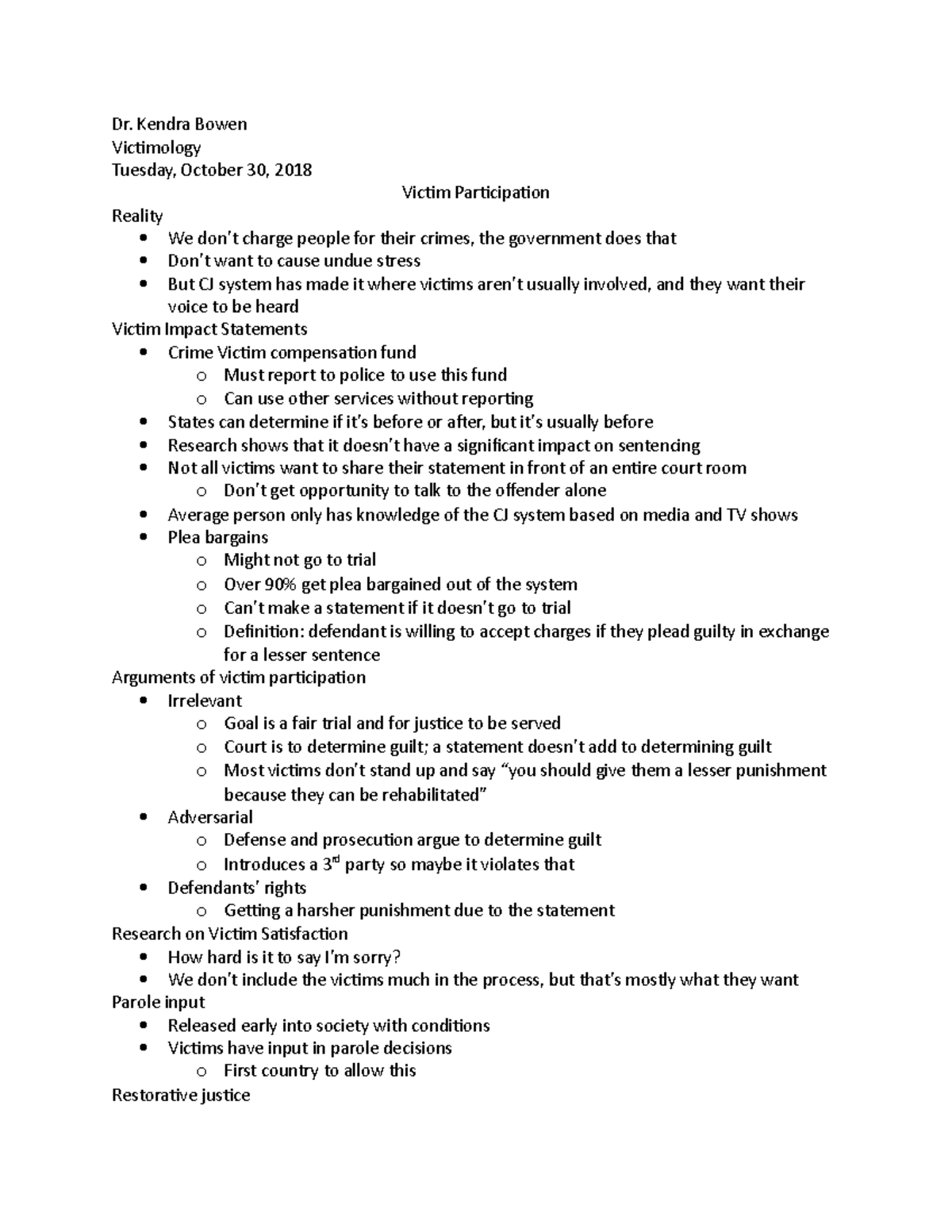 Victim Participation Dr. Kendra Bowen Dr. Kendra Bowen Victimology