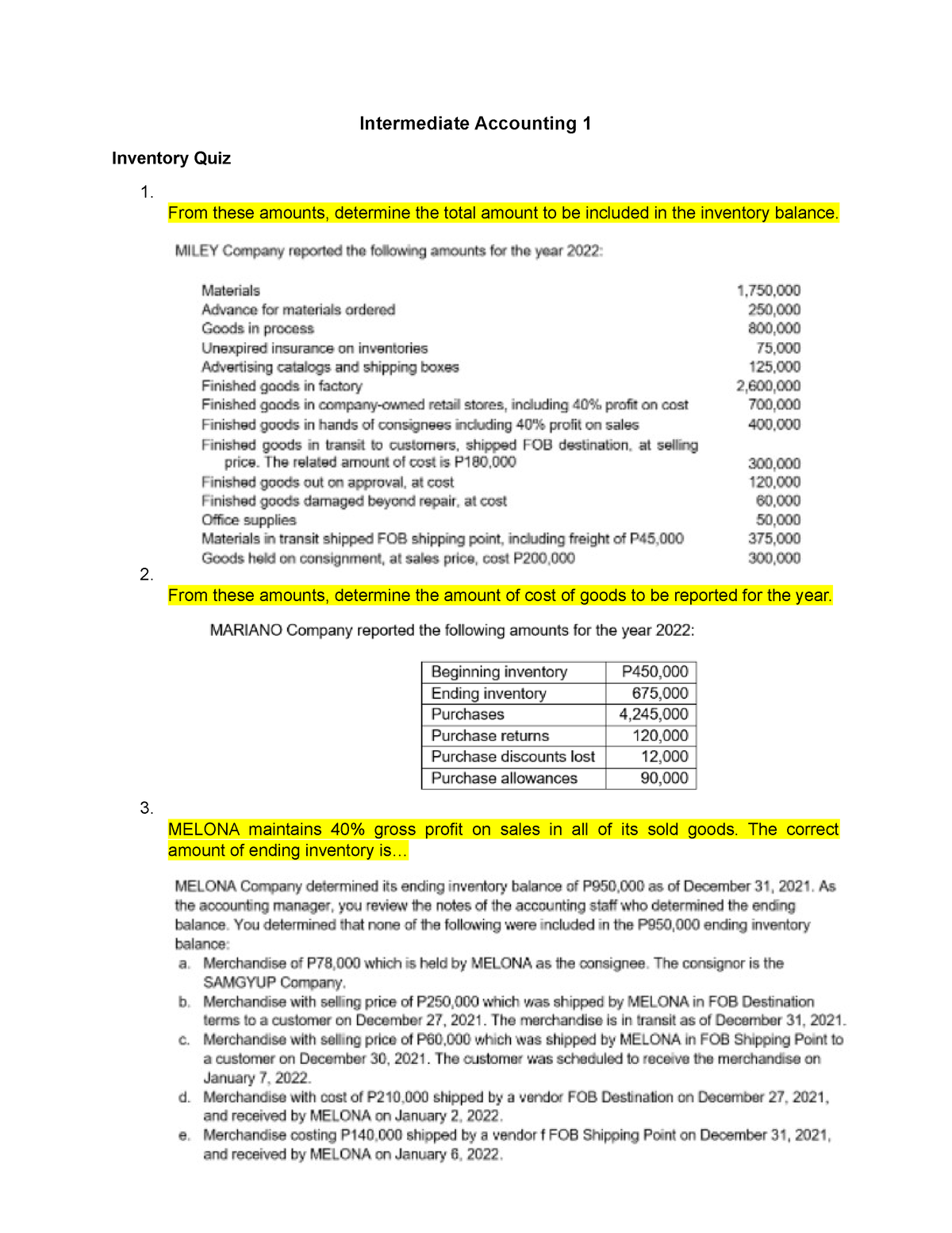 Intermediate Accounting 1 - Inventory QUIZ - Intermediate Accounting 1 ...