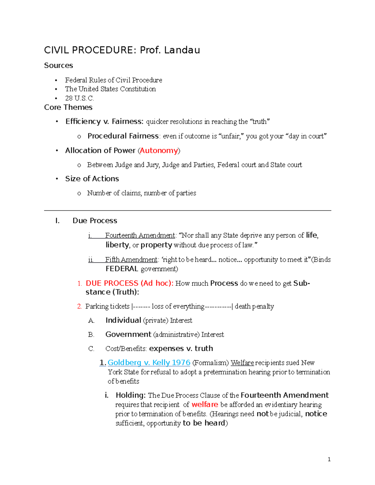 Civil Procedure Outline CIVIL PROCEDURE Prof. Landau Sources Federal Rules of Civil Procedure