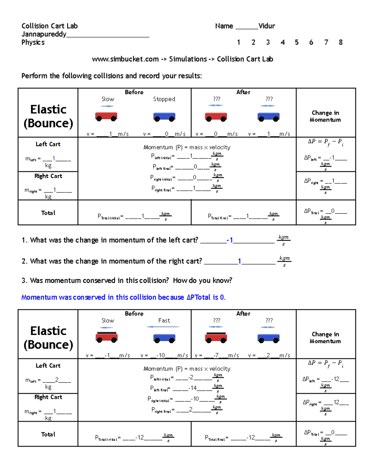 Collision Cart LabSimulation Version Collision Cart Lab Name ______Vidur Studocu