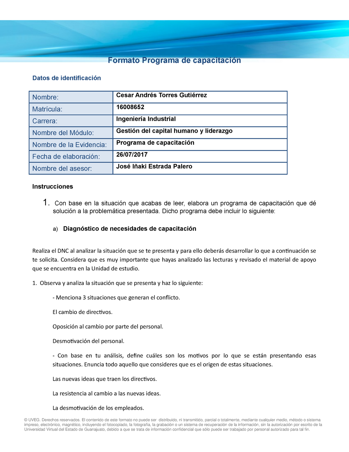 Programa De Capacitación Uveg Formato Programa De Capacitación Datos De Identificación Nombre 