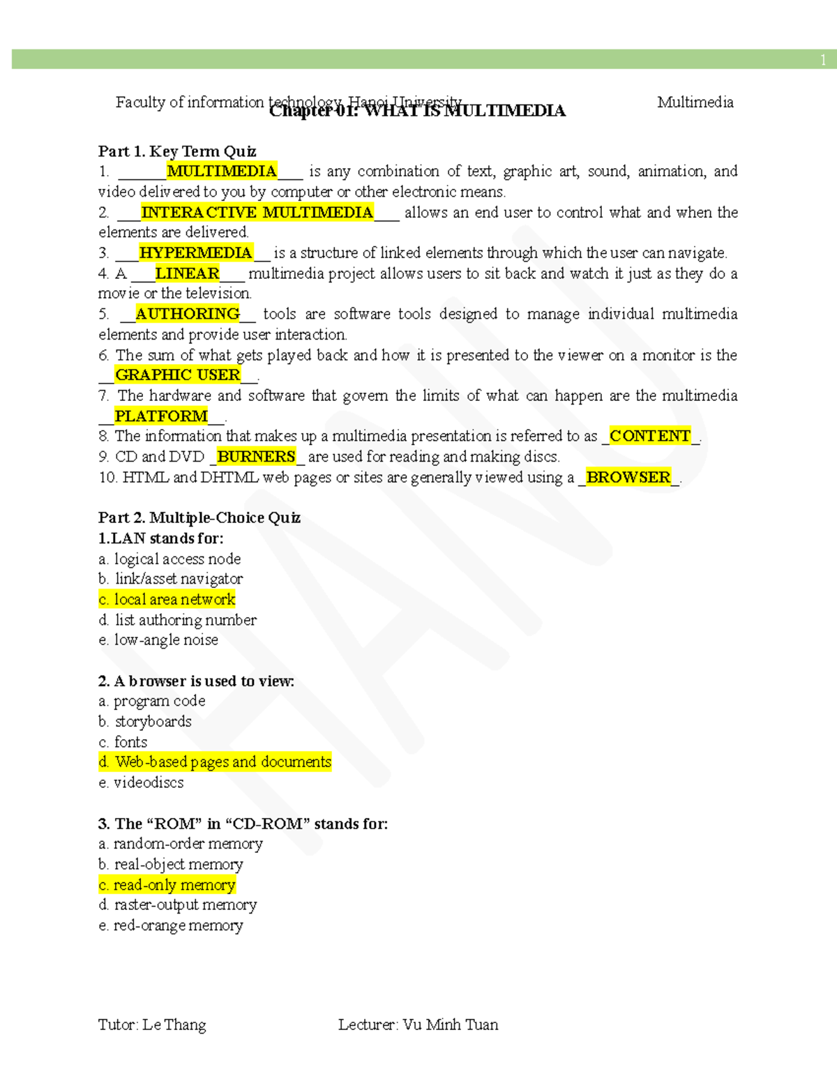 MUL TUT 1 - Answer keys - Chapter 01: WHAT IS MULTIMEDIA Part 1. Key ...