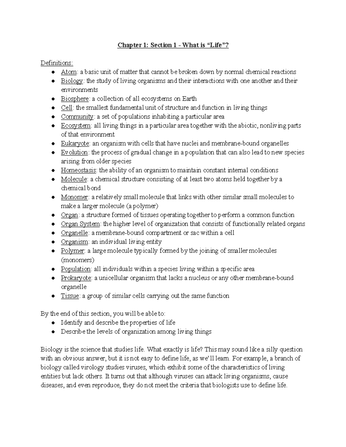 Biology 1010 Chapter 1 Section 1 Notes Chapter 1 Section 1 What is
