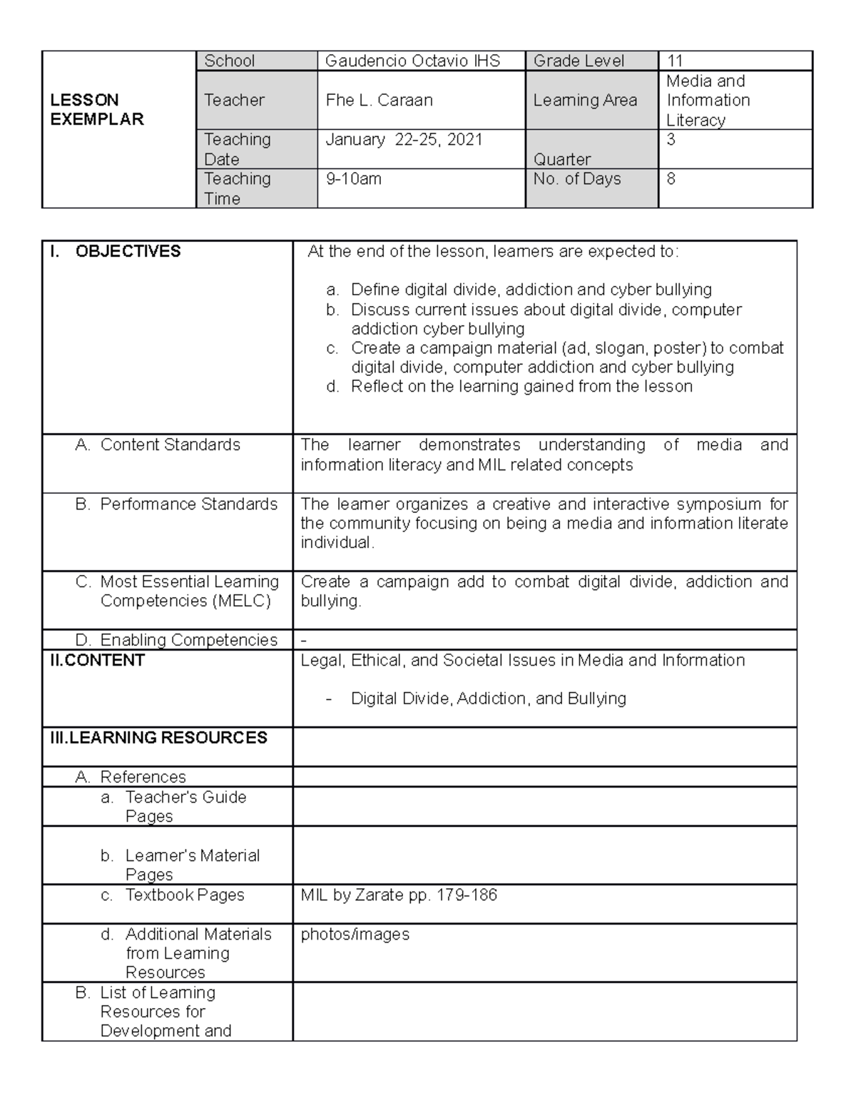 MIL ODL Caraan MELC 8 - A LESSON EXEMPLAR - LESSON EXEMPLAR School ...