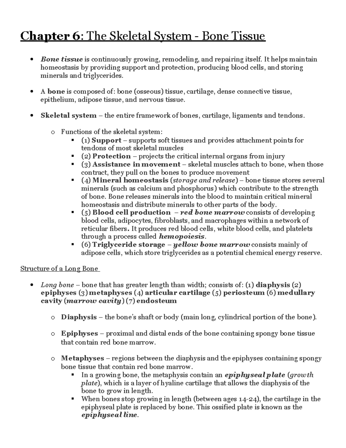 Chapter 6 Summary Notes For The Skeletal System - Chapter 6 : The ...