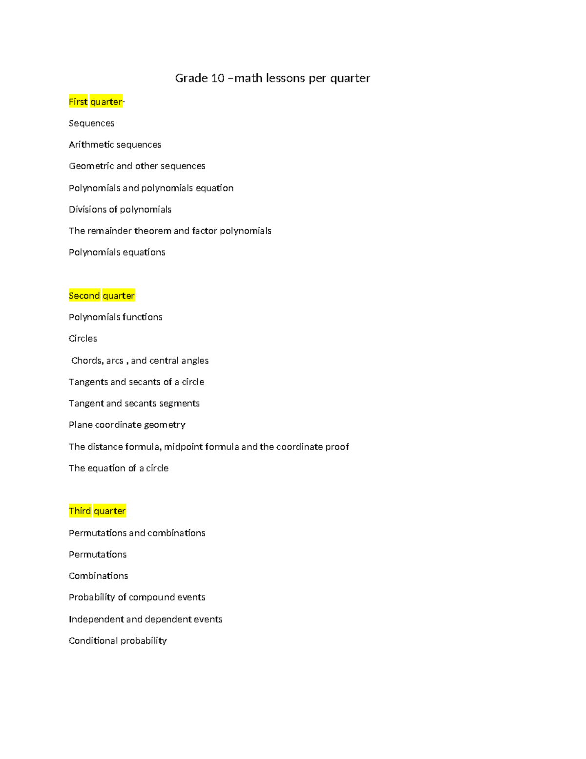 Grade 10-math lessons - Grade 10 –math lessons per quarter First ...