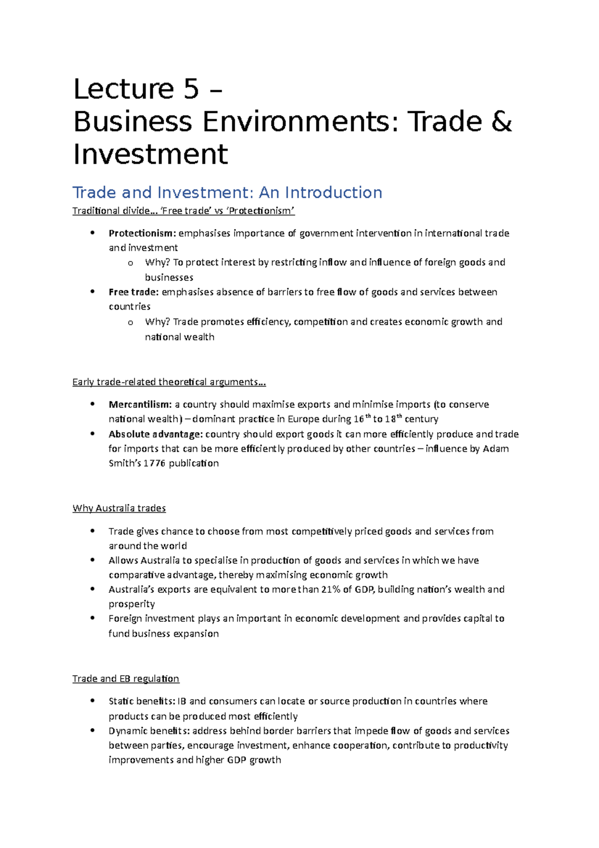 Lecture 5 notes Lecture 5 Business Environments Trade &amp