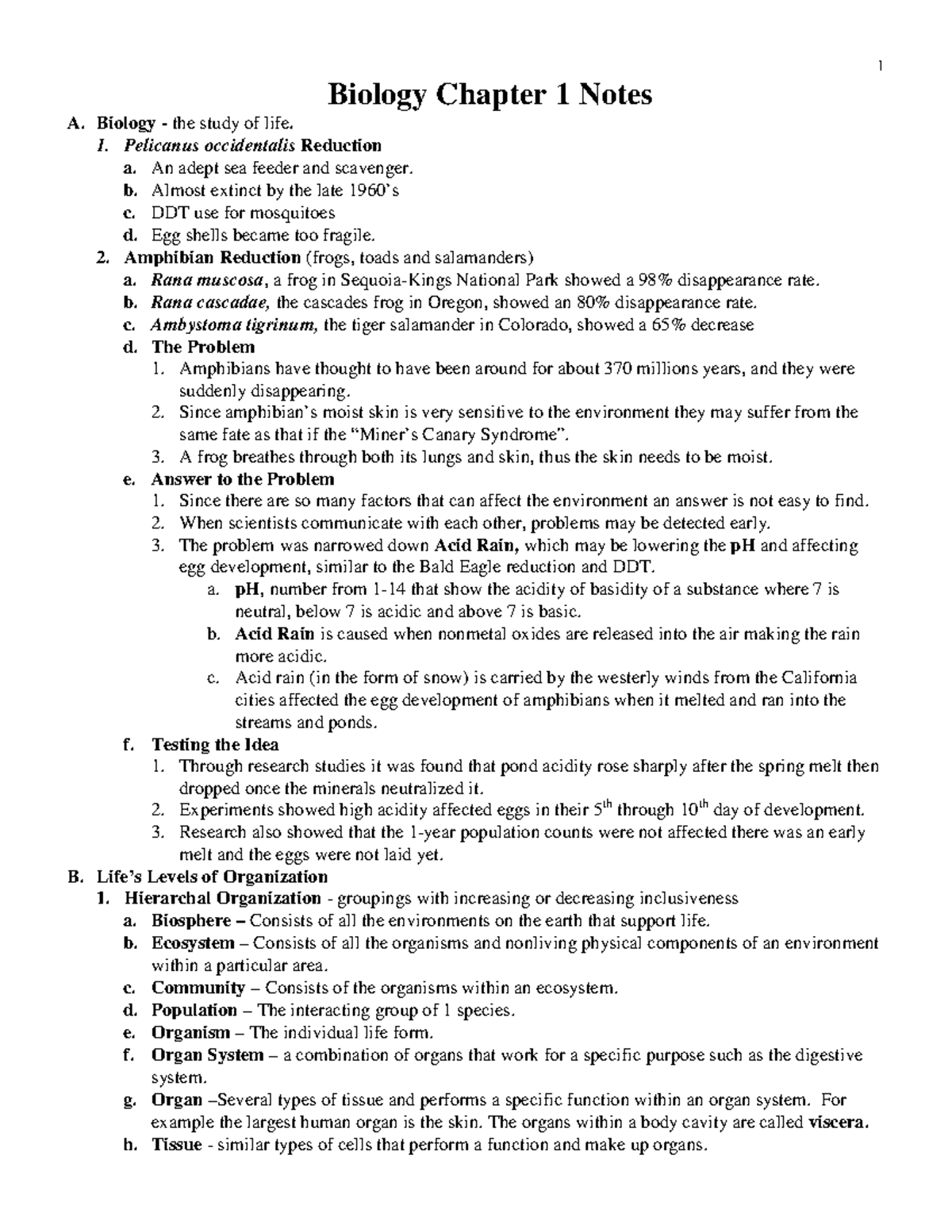 Biology Chapter 1 - 1 Biology Chapter 1 Notes A. Biology - The Study Of ...