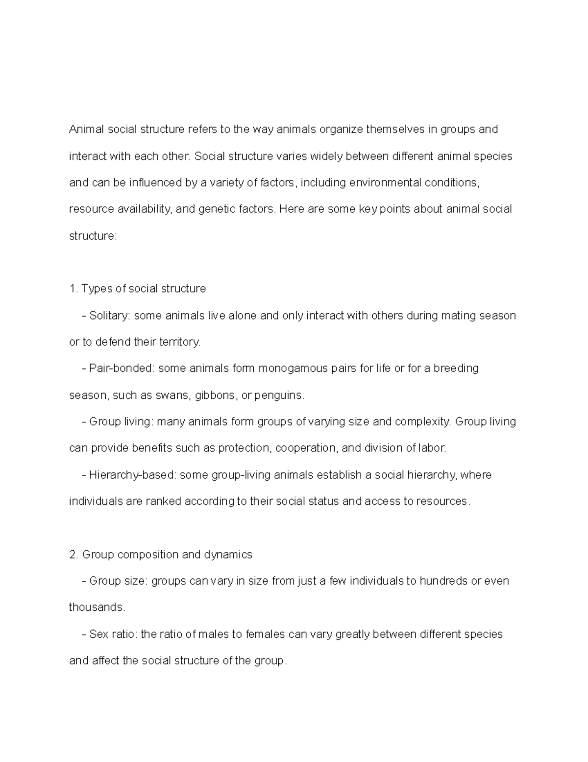 Animal social structure Social structure varies widely between
