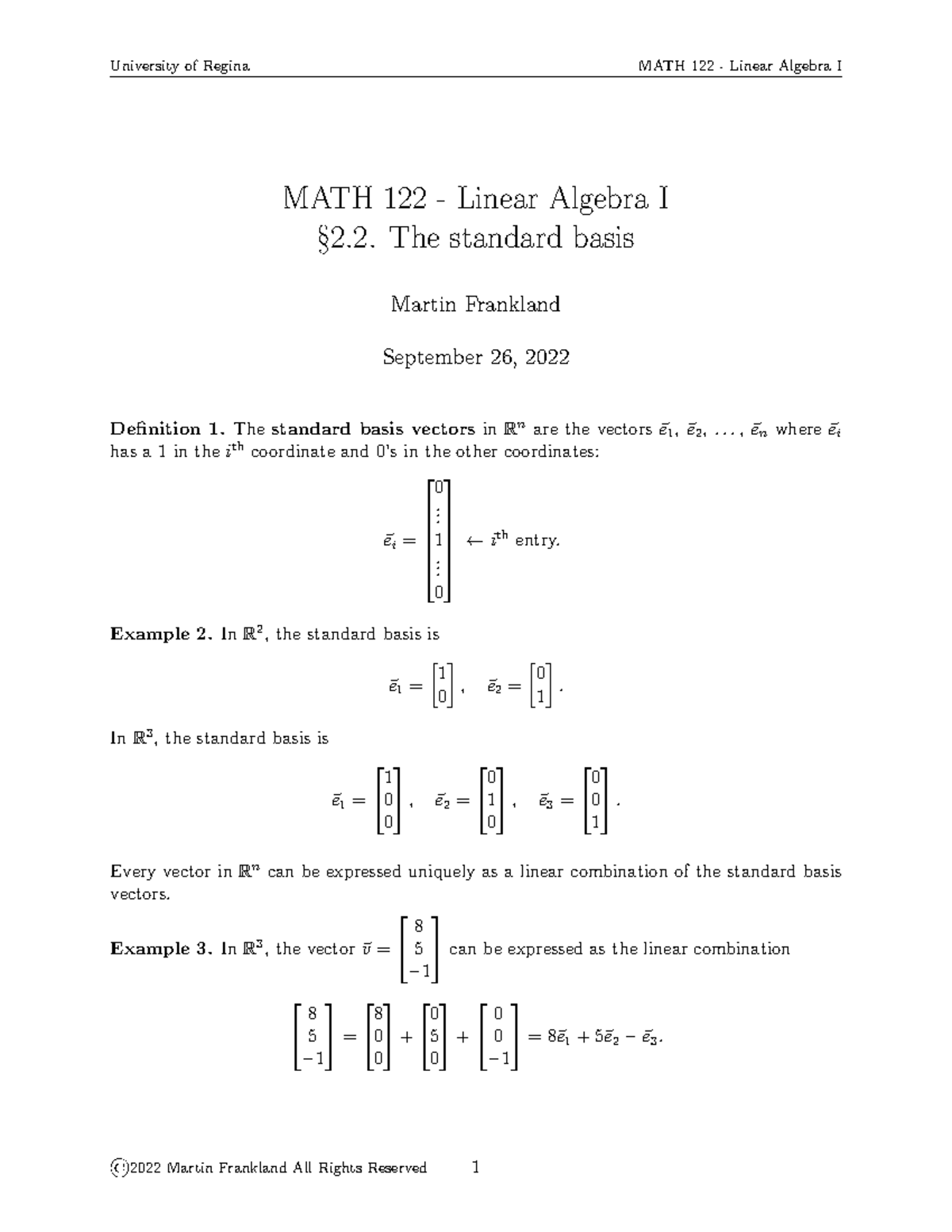 Math122 2-2 Standard Basis - University Of Regina MATH 122 - Linear ...