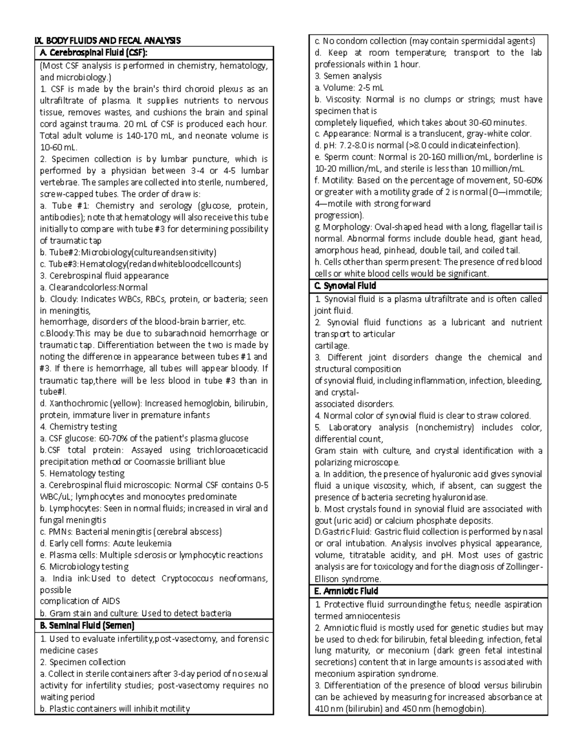 BODY Fluids AND Fecal Analysis - IX. BODY FLUIDS AND FECAL ANALYSIS A ...