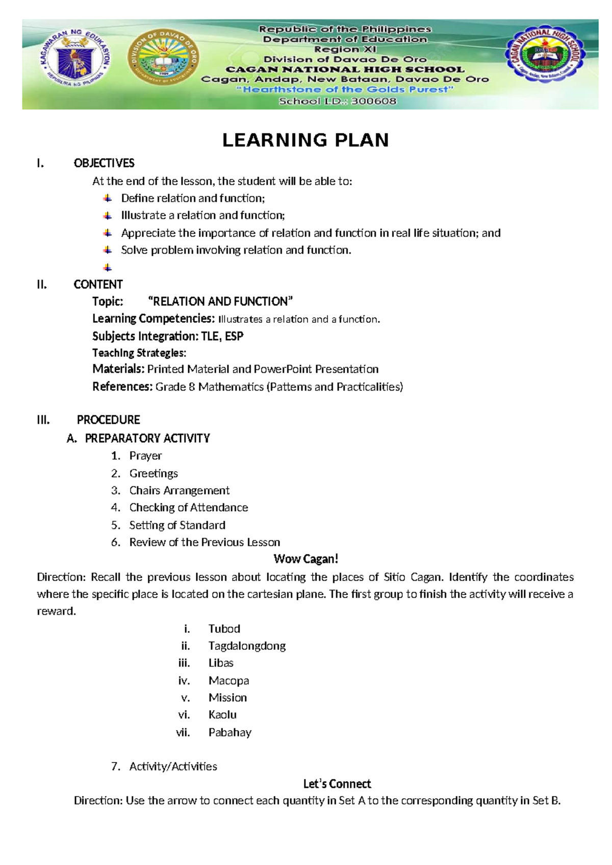 LP (2nd Quarter) SY - mathematics LP - LEARNING PLAN I. OBJECTIVES At ...