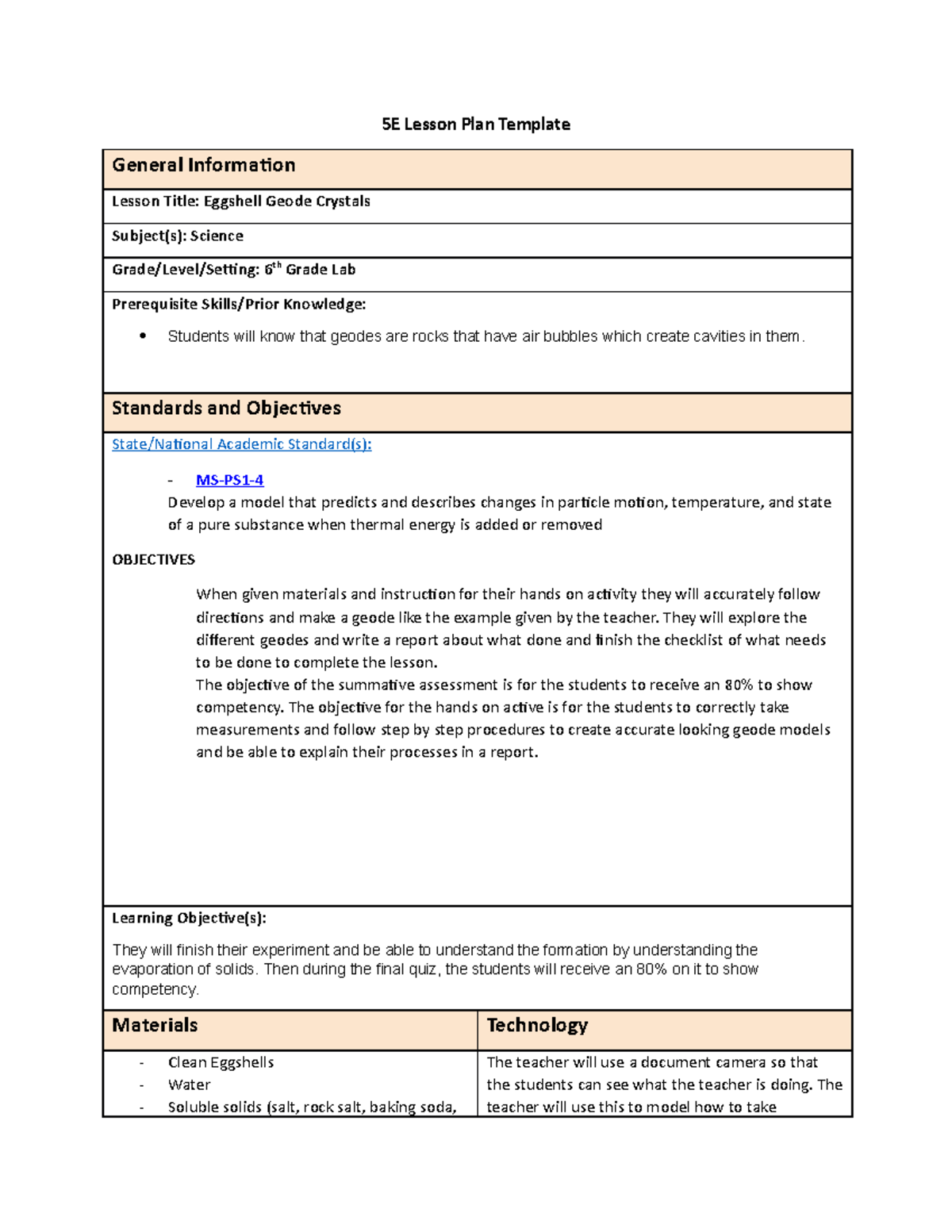 Elementary Science Methods C108 Task 1 - 5E Lesson Plan Template ...