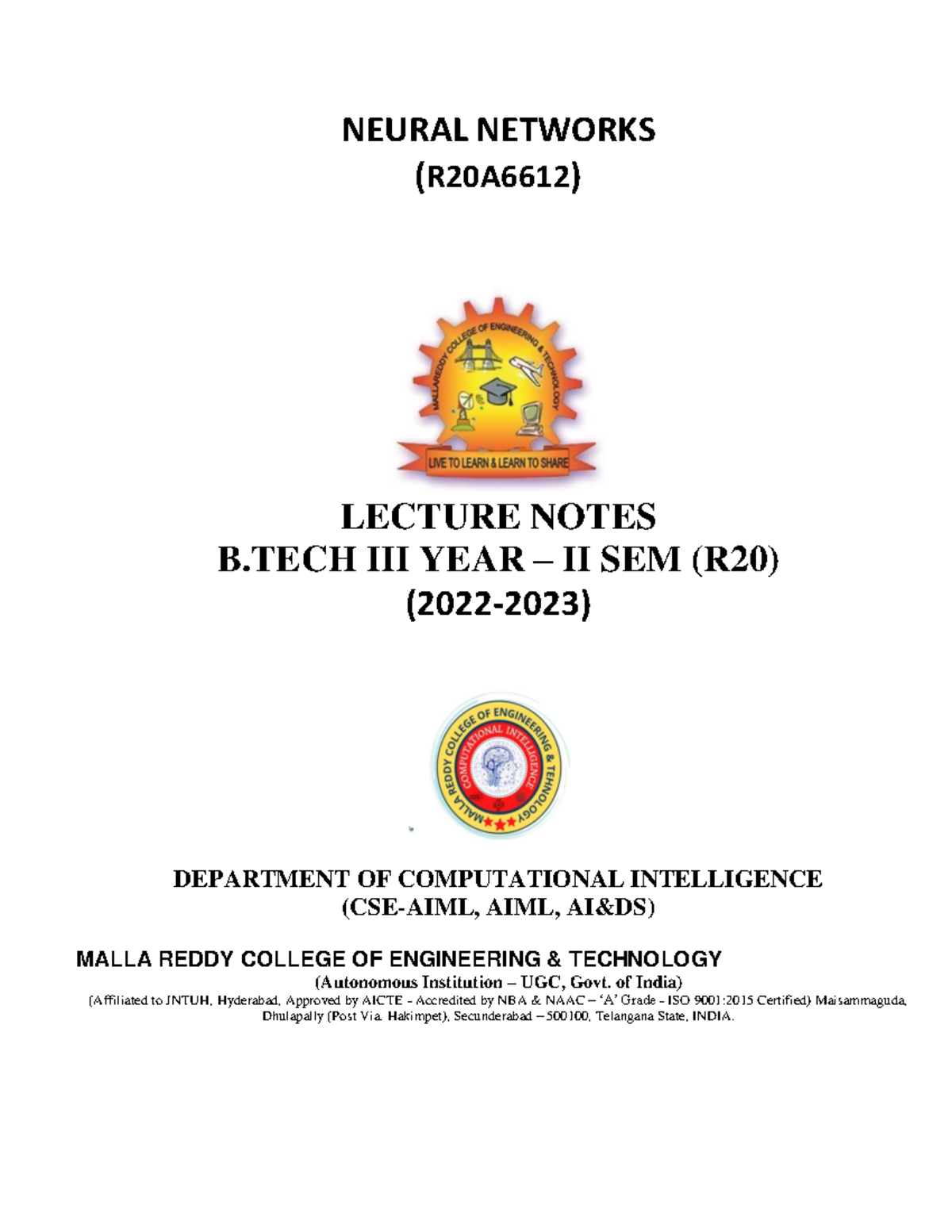 Neural-Networks - Notes on Neural networks. - NEURAL NETWORKS (R20A6612 ...
