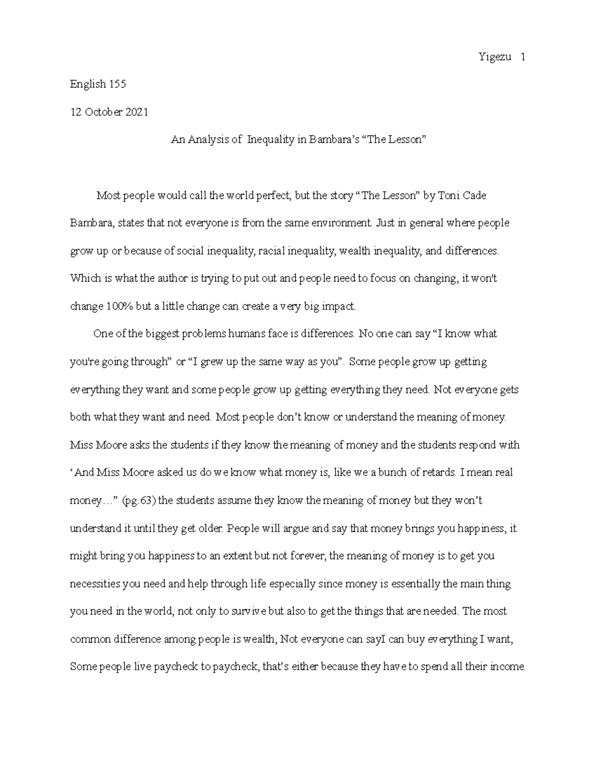 Paper #1 Literary Analysis-2 - Yigezu 1 English 155 12 October 2021 An