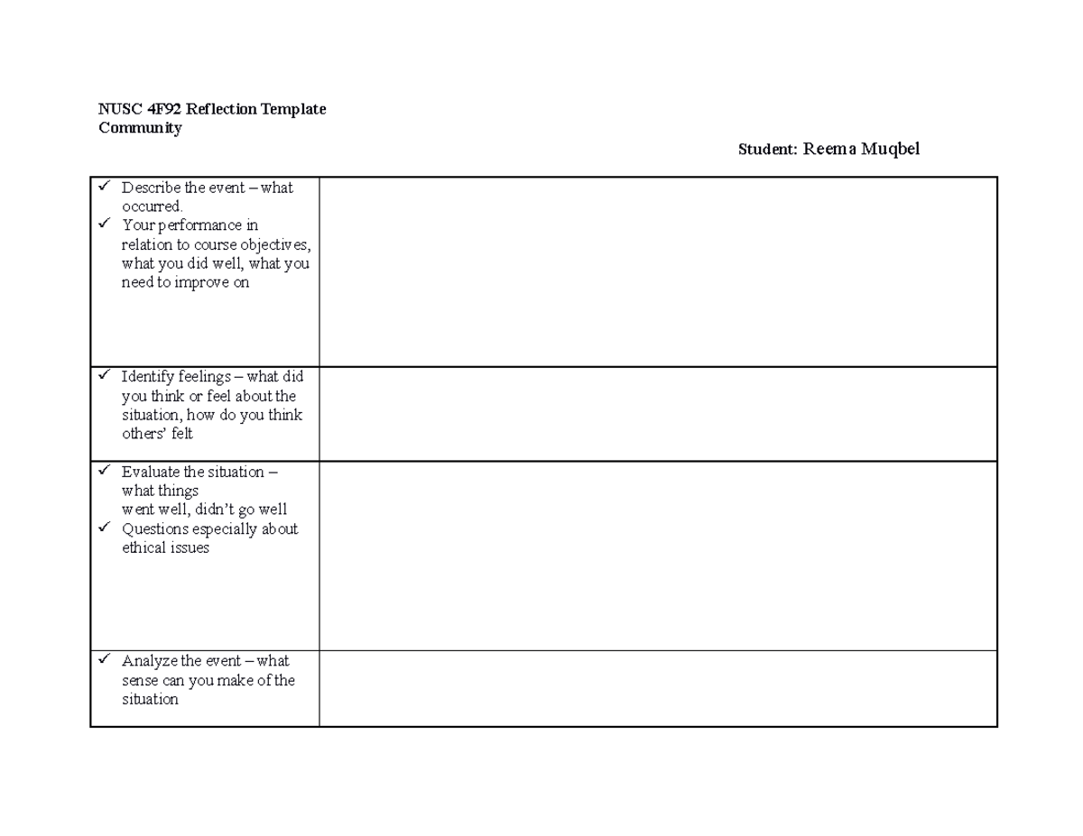 Reflection template - NUSC 4F92 Reflection Template Community Student ...