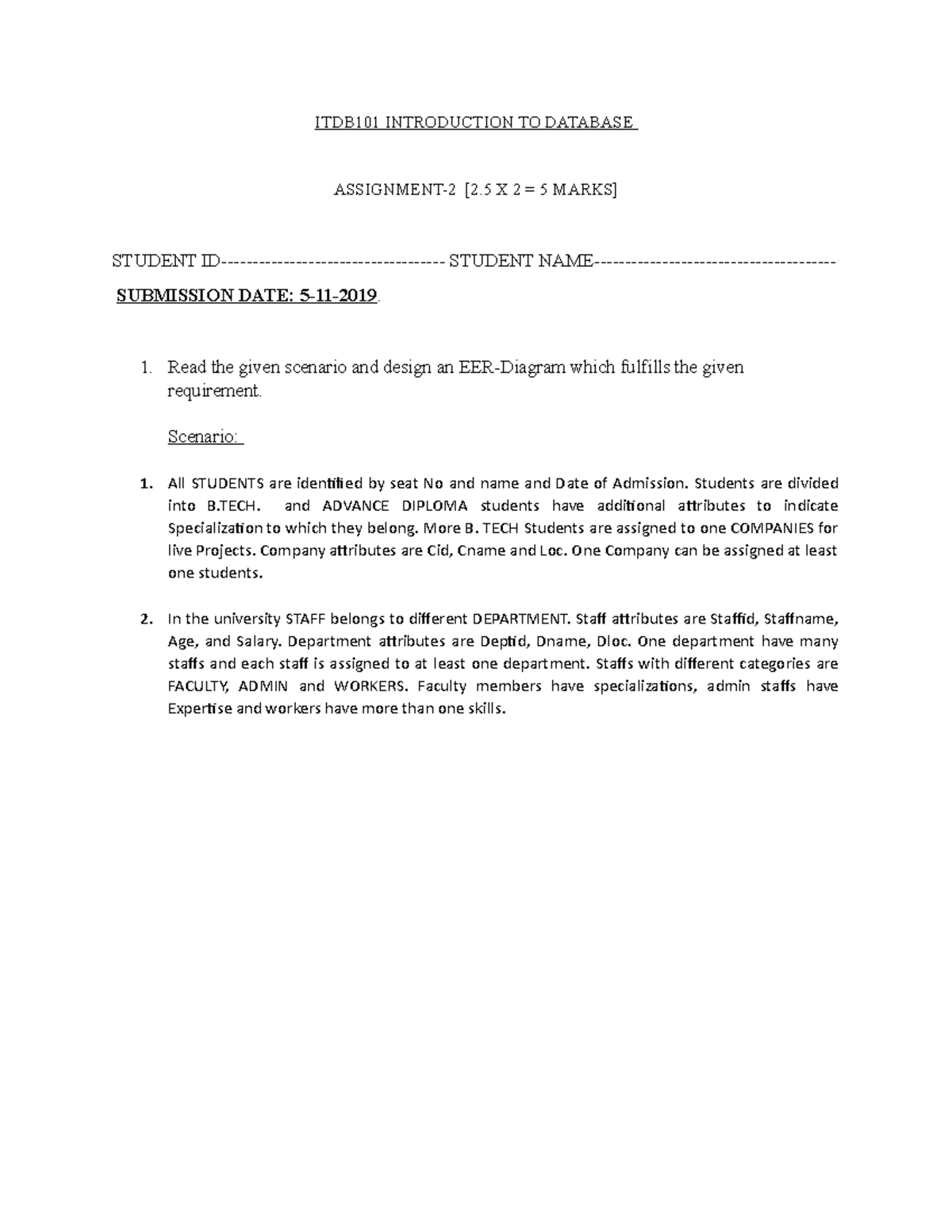 Assignment 2 - Good - ITDB101 INTRODUCTION TO DATABASE ASSIGNMENT-2 [2 ...