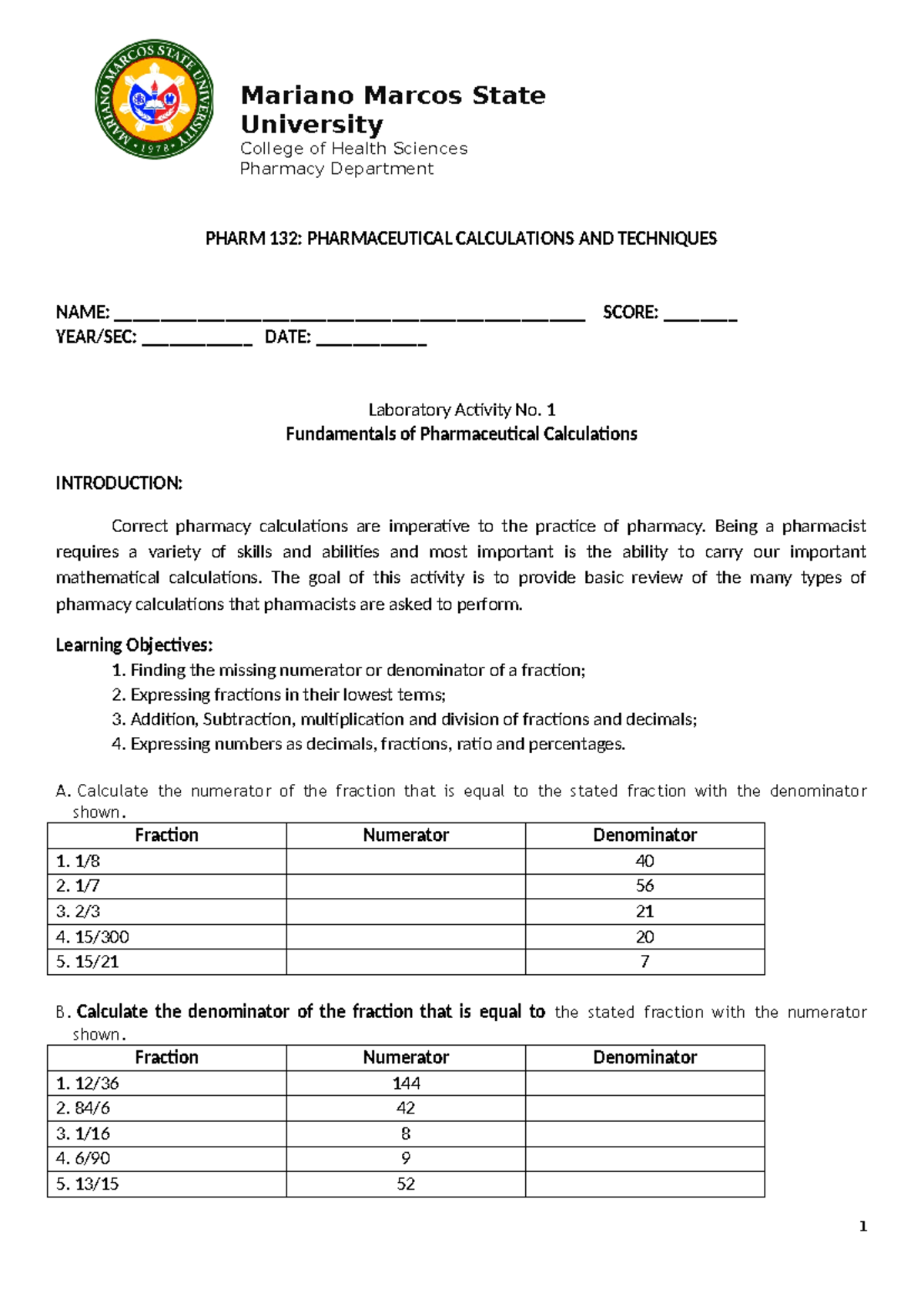 Laboratory Exercise No. 1 Fundamentals of Pharmaceutical Calculations ...