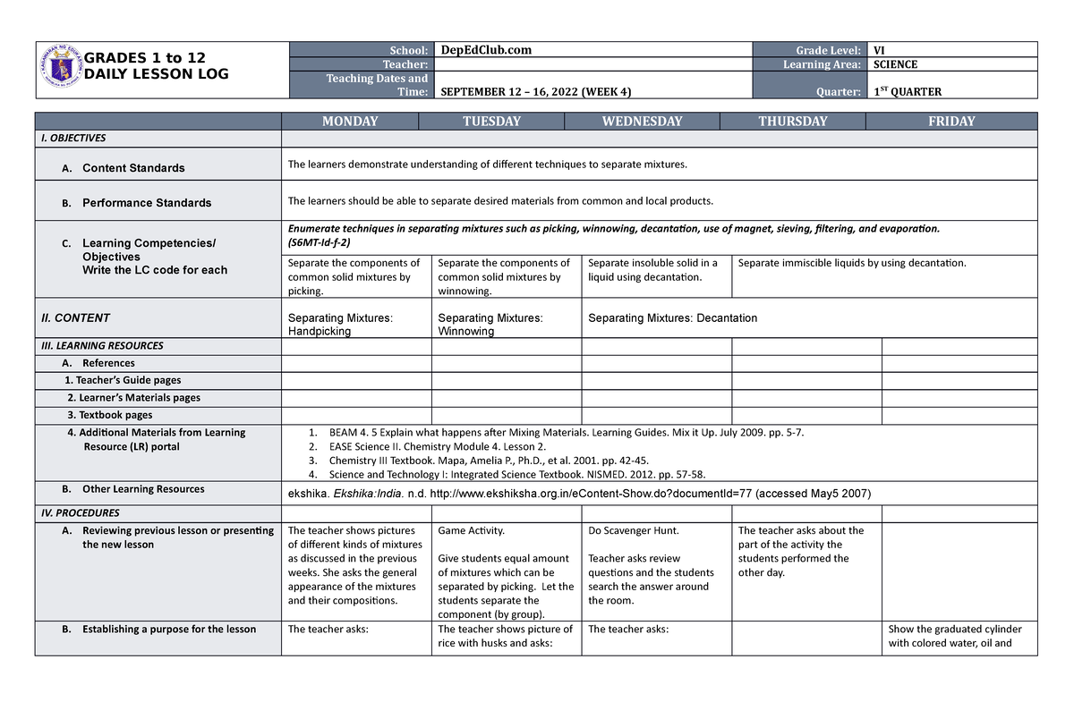 DLL Science 6 Q1 W4 - Fgbnzdnh - GRADES 1 To 12 DAILY LESSON LOG School ...