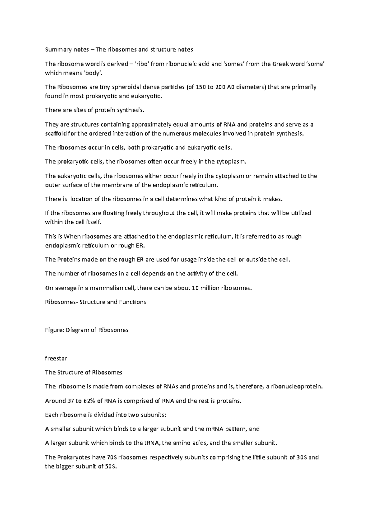 Summary notes – The ribosomes and structure notes - The Ribosomes are ...