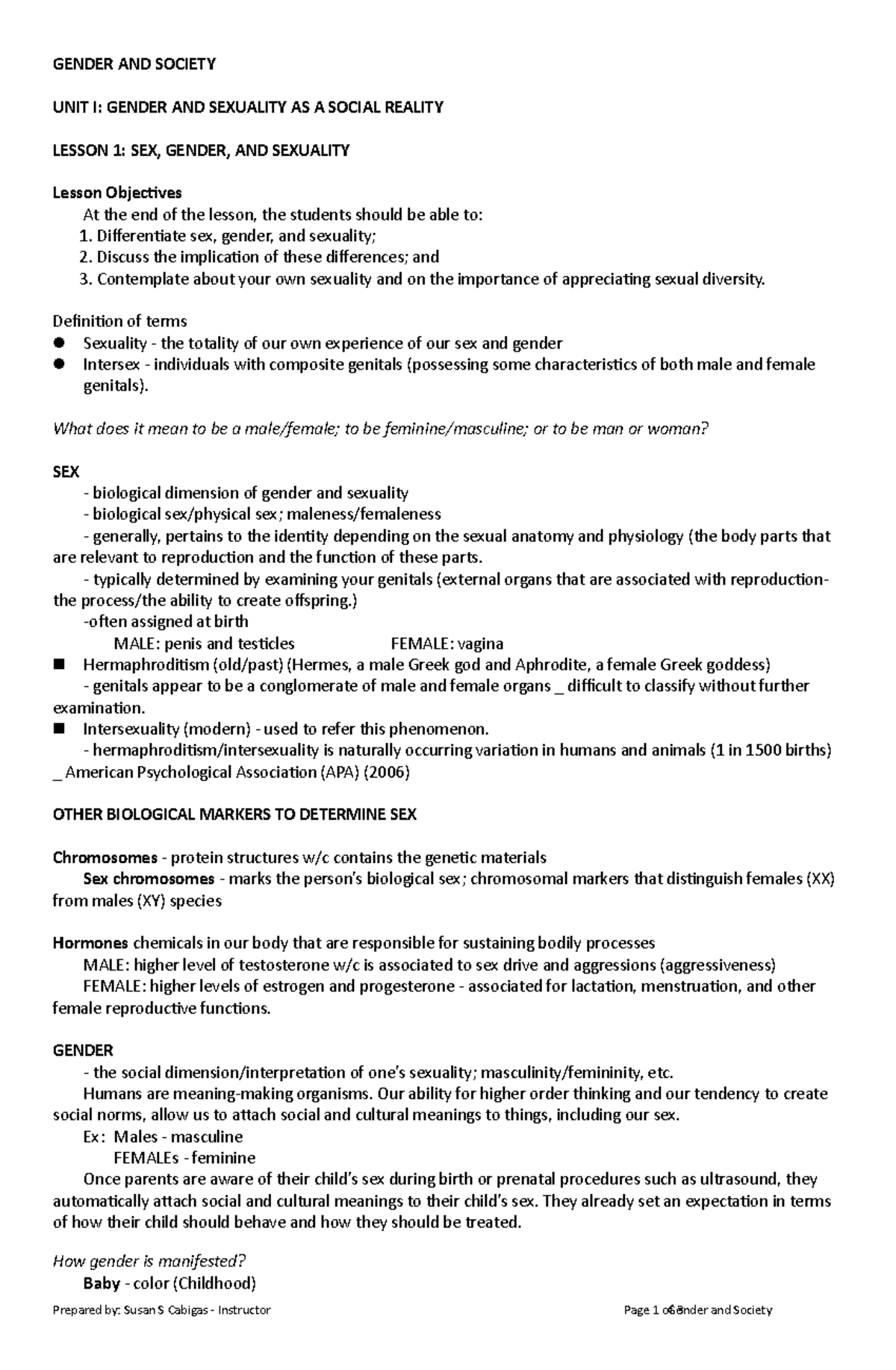 GAS LECT. Lesson 1 - GENDER AND SOCIETY UNIT I: GENDER AND SEXUALITY AS ...