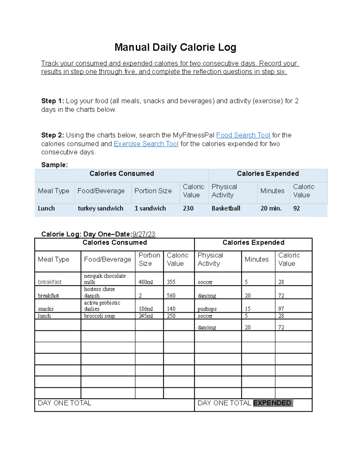 Manual Daily Calorie Log Manual Daily Calorie Log Track Your Consumed And Expended Calories