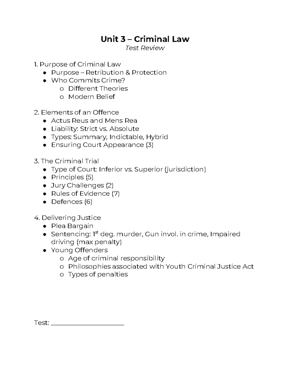 Unit 3 – Criminal Law - Unit 3 – Criminal Law Test Review Purpose of ...