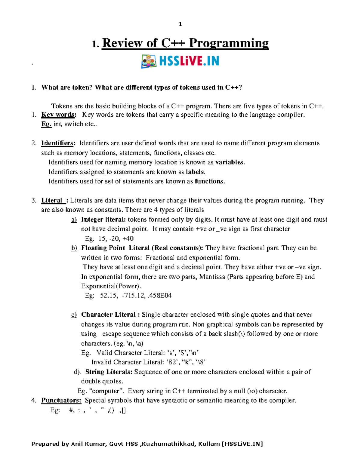 Lecture notes chapters for computer application - 1. Review of C++ ...