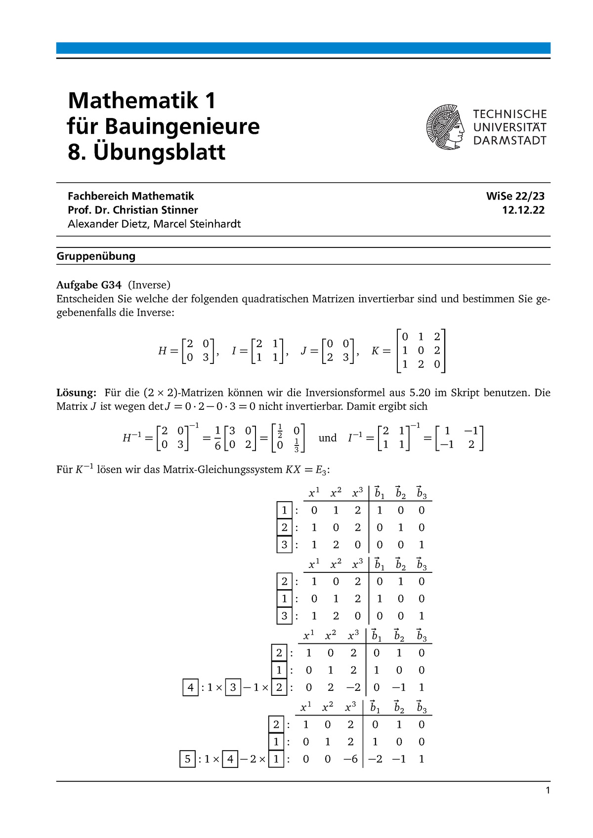 Uebungsblatt 8GL - MaTHE - Mathematik 1 Für Bauingenieure 8 ...