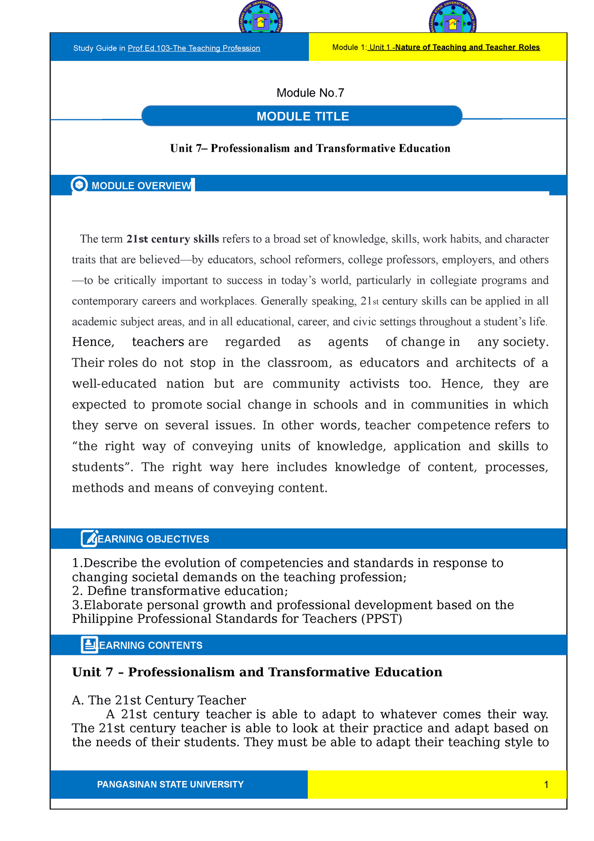 Module 7 The Teaching Profession - Module No. Unit 7– Professionalism ...