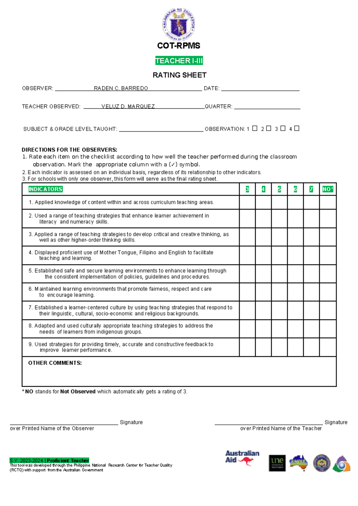 Appendix C 03 Cot Rpms Rating Sheet For T I Iii For Sy 2023 2024 Cot Rpms Teacher I Iii 5083