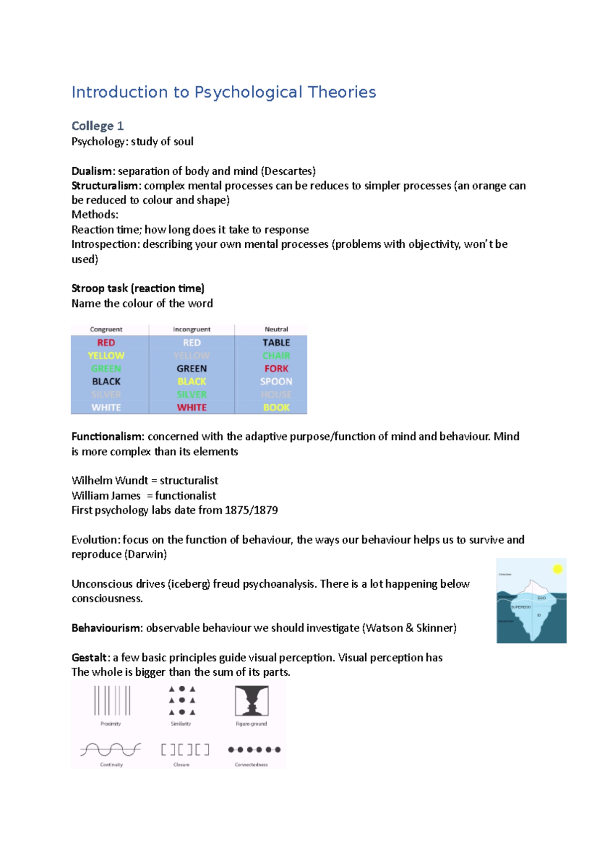 Introduction To Psychological Theories Summary Of All Lectures ...