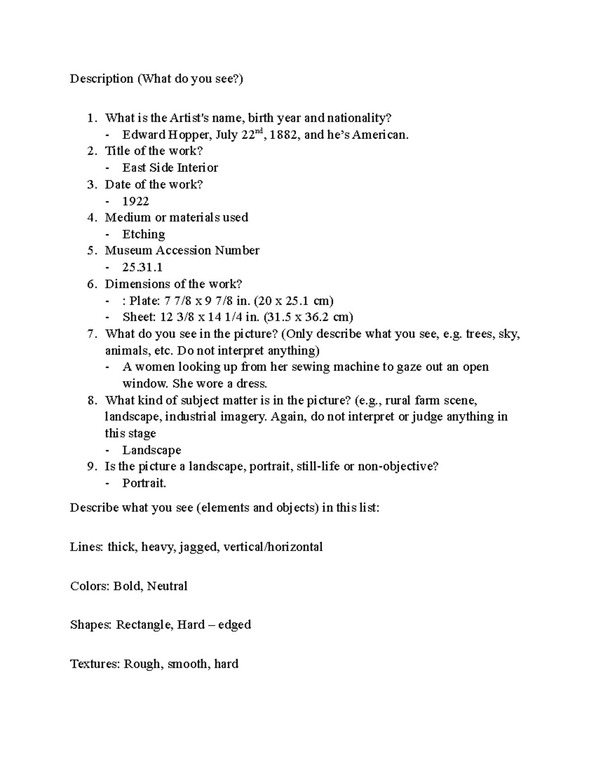 Art Analysis Questions about EAST SIDE INTERIOR art piece by Edward