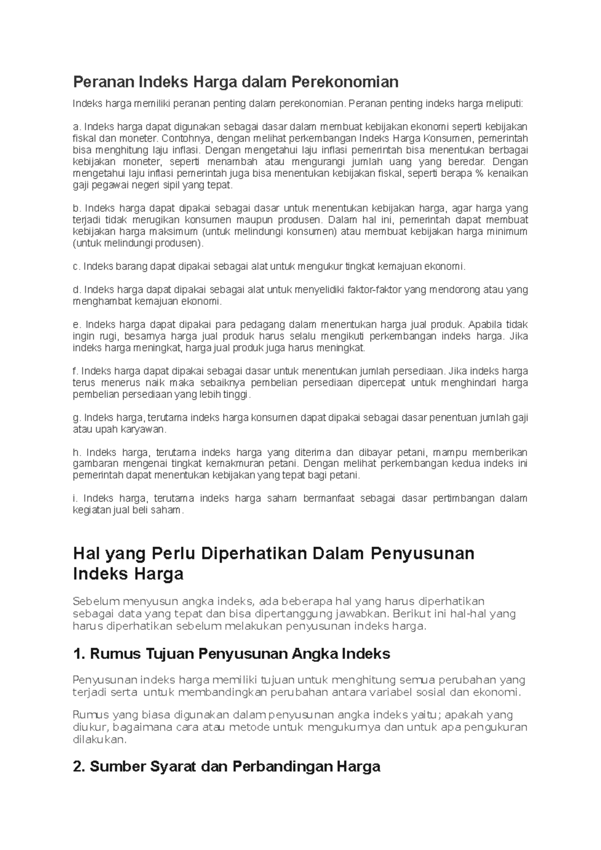 Peranan Indeks Harga dalam Perekonomian Peranan penting indeks harga