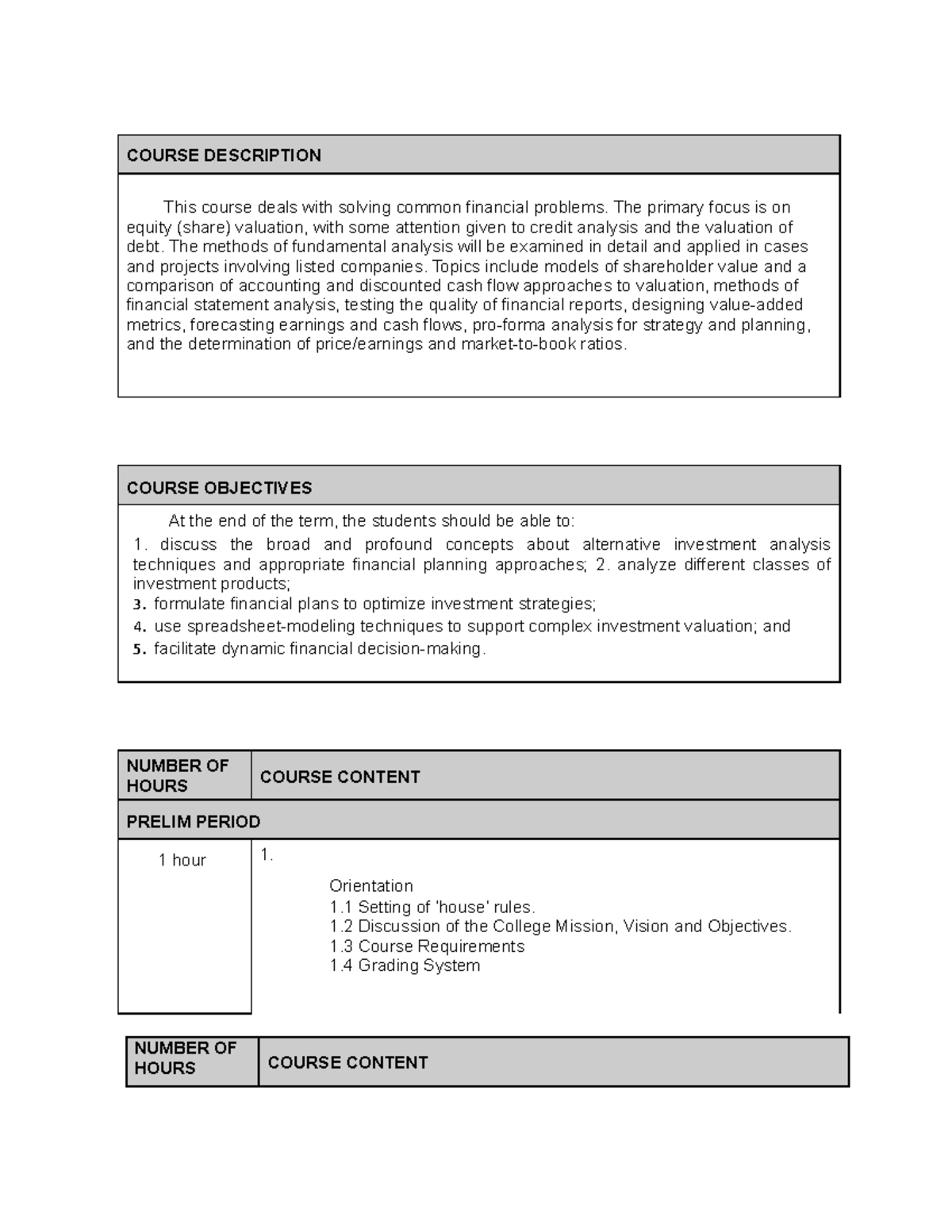 Financial Analysis and Investing - COURSE DESCRIPTION This course deals ...