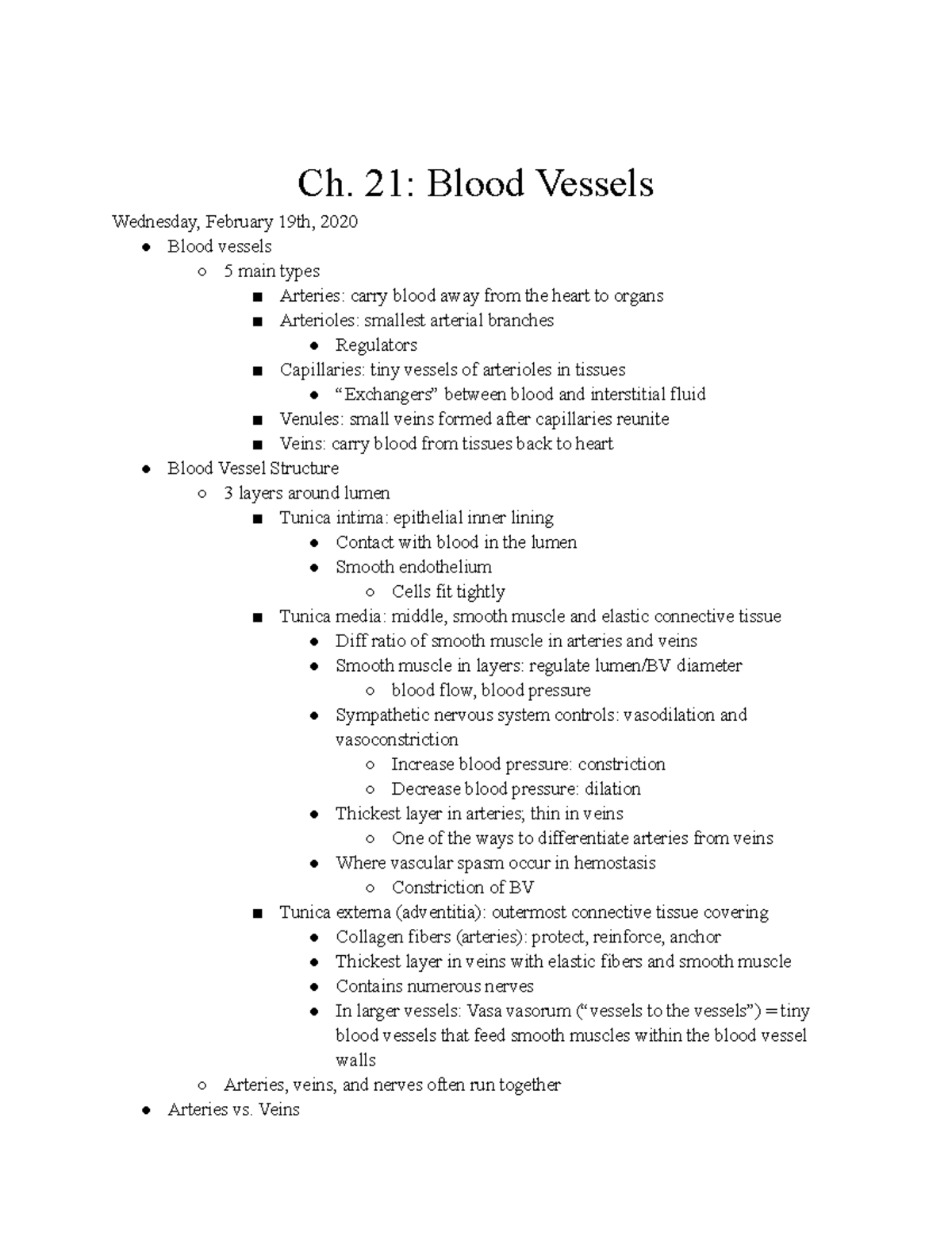 Ch.21 Blood Vessels- Classnotes - Ch. 21: Blood Vessels Wednesday ...