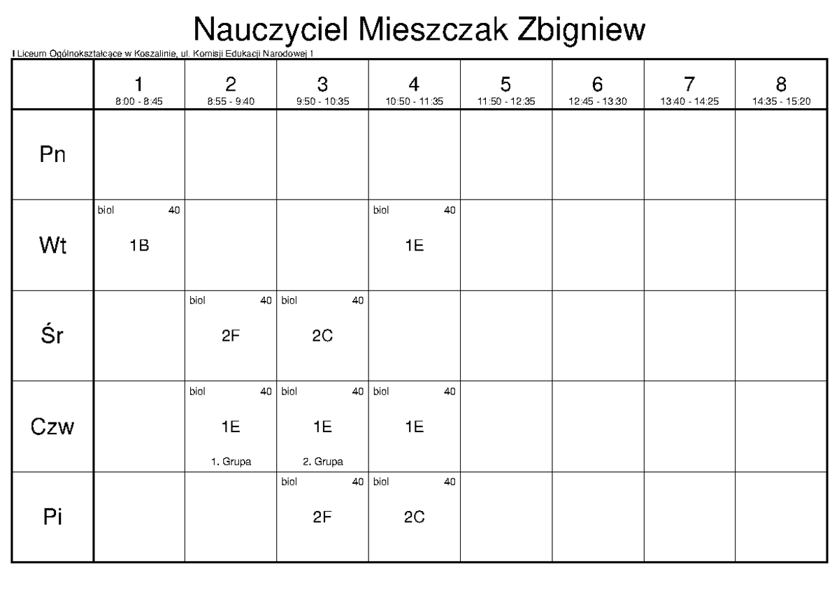 Plan Lekcji Nauczycieli Liceum 7 - PLAN- Nauczycieli - I Liceum Ogólnokształc ce w Koszalinie, ul. Komisji