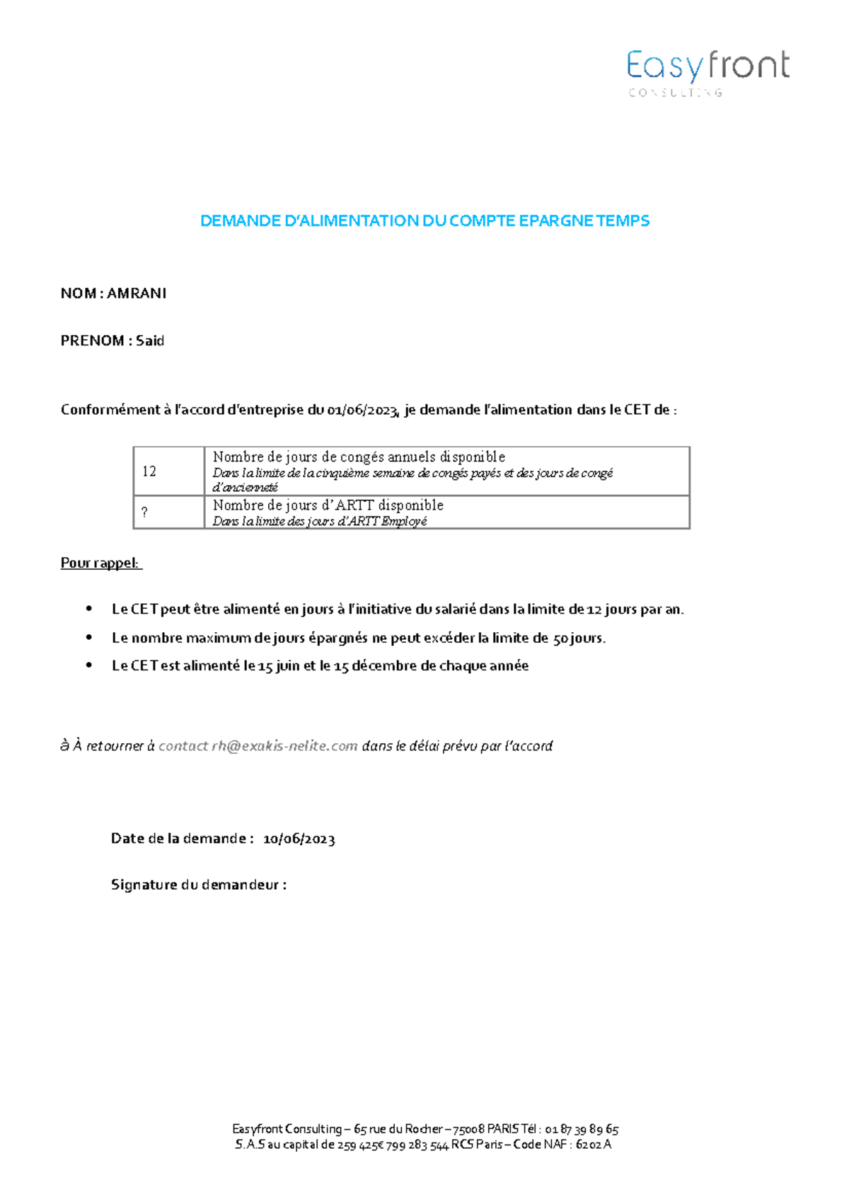 CF - Formulaire alimentation du CET 2023 - DEMANDE D’ALIMENTATION DU ...
