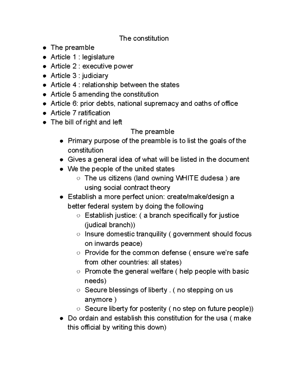 The worst document in american history - The constitution The preamble Article 1 : legislature ...