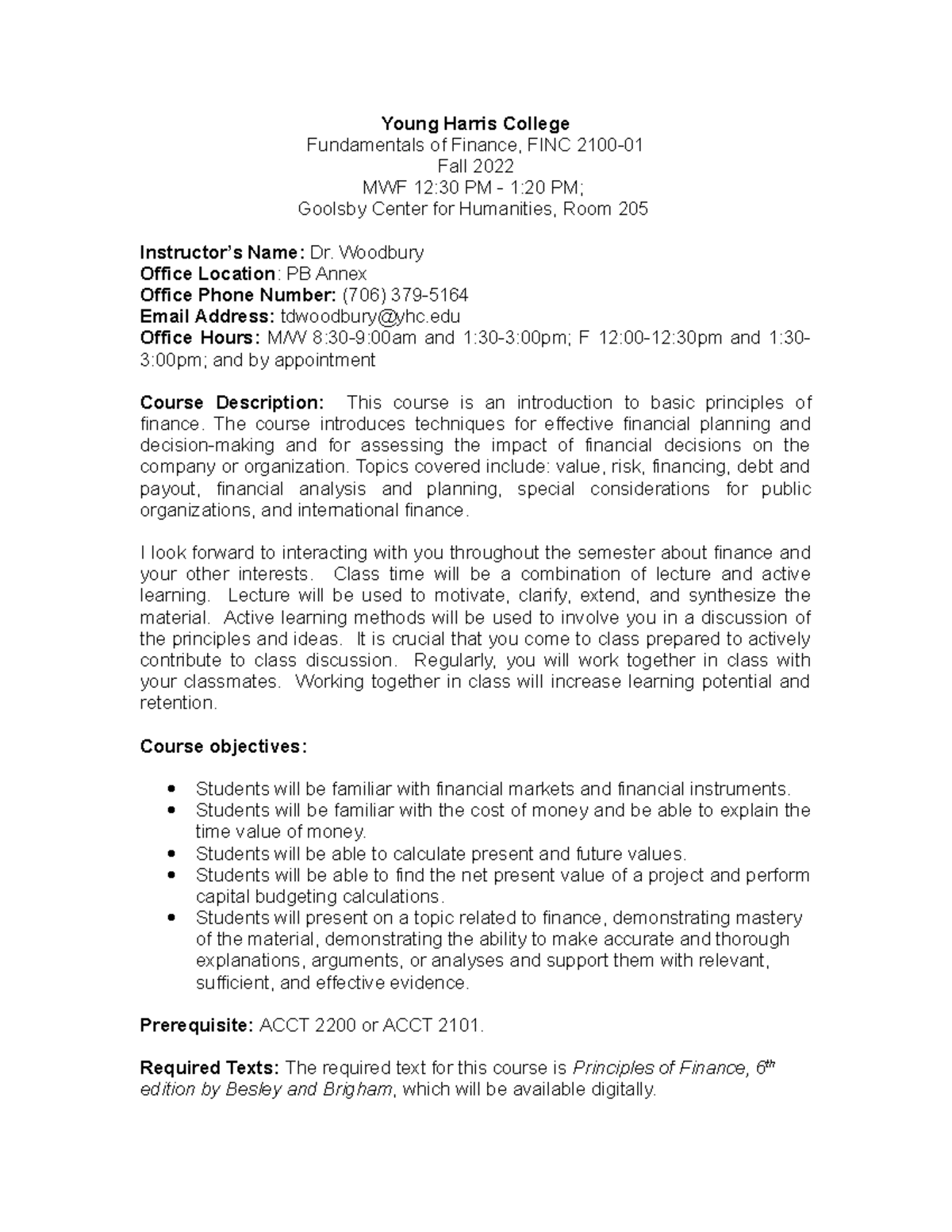 FINC 2100 Woodbury F22 syllabus Young Harris College Fundamentals of