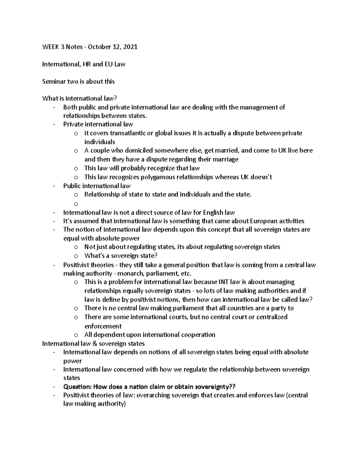 WEEK 3 Notes - WEEK 3 Notes - October 12, 2021 International, HR and EU ...