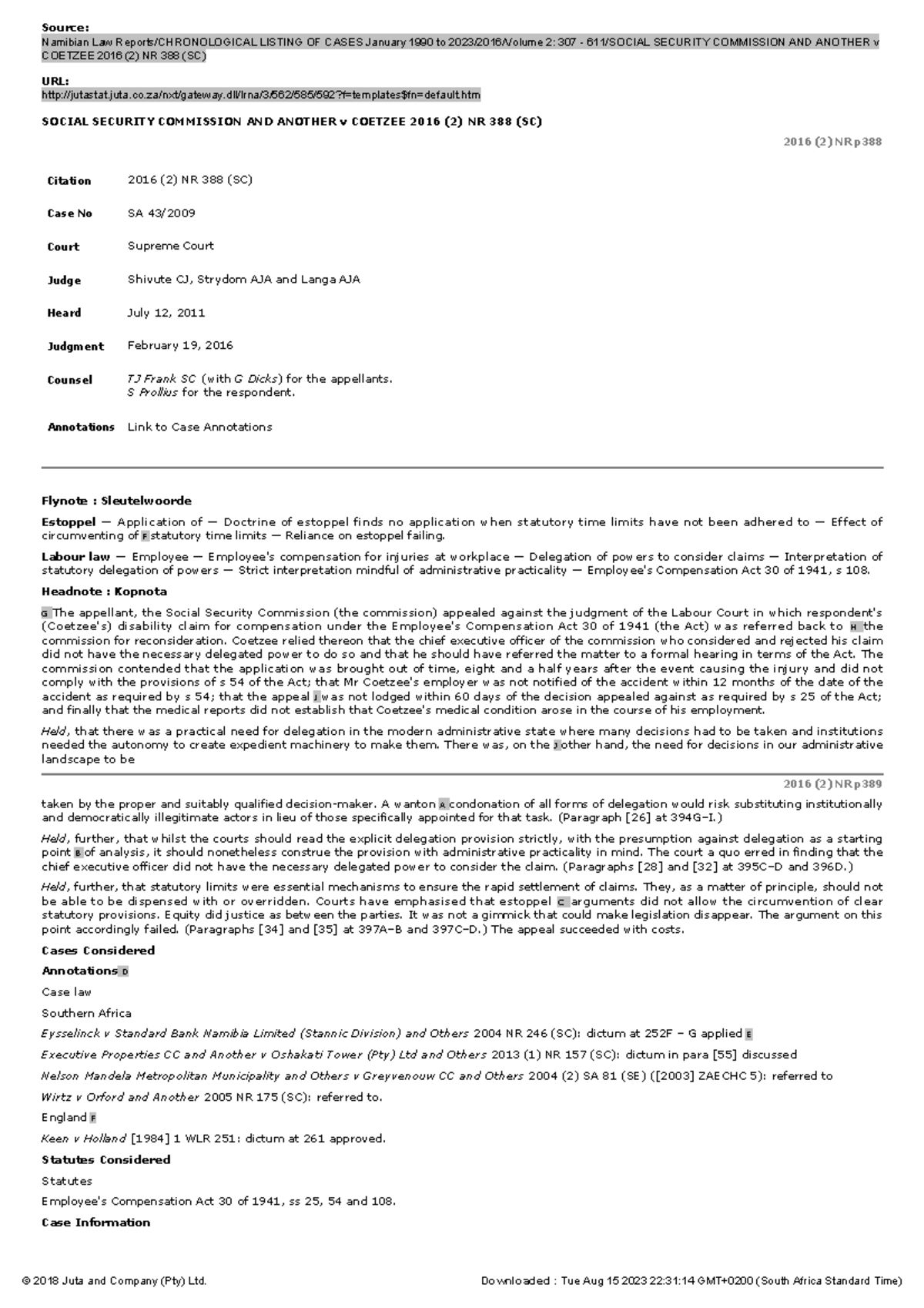 Social Security Commission AND Another v Coetzee 2016 (2) NR 388 (SC