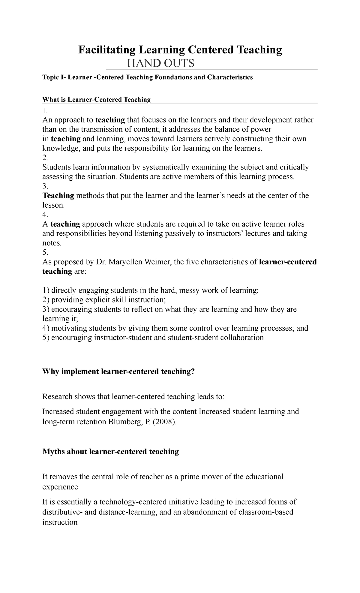 Topic 1 HAND OUTS IN Facilitating Learning Centered Teaching ...