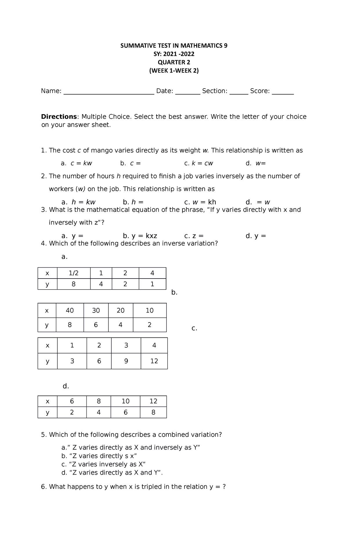 Math 9 Q2 Summa SY 21-22 (Wk1 To Wk 8) - SUMMATIVE TEST IN MATHEMATICS ...