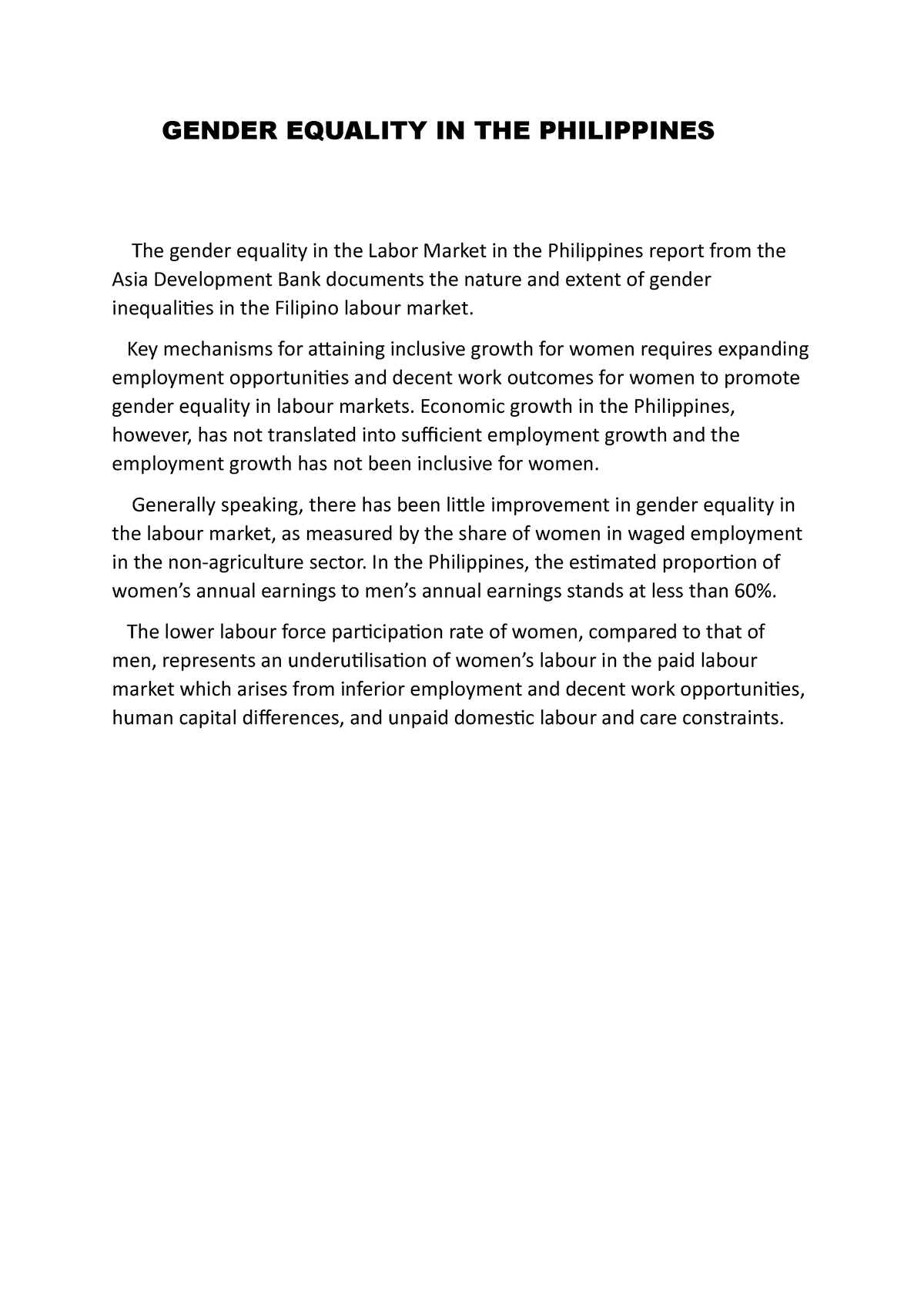 gender equality essay in the philippines