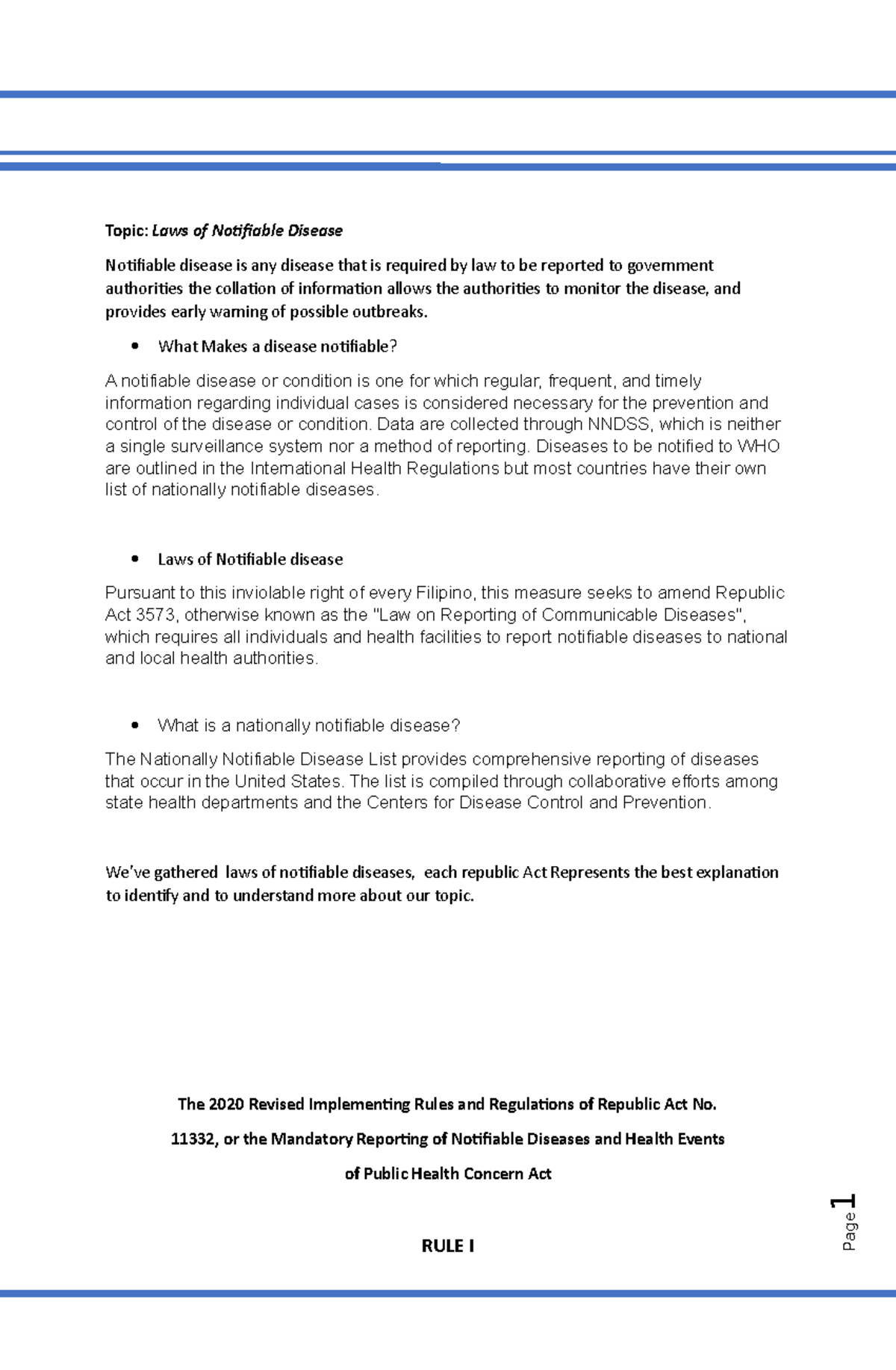Laws of notifiable disease Topic Laws of Notifiable Disease