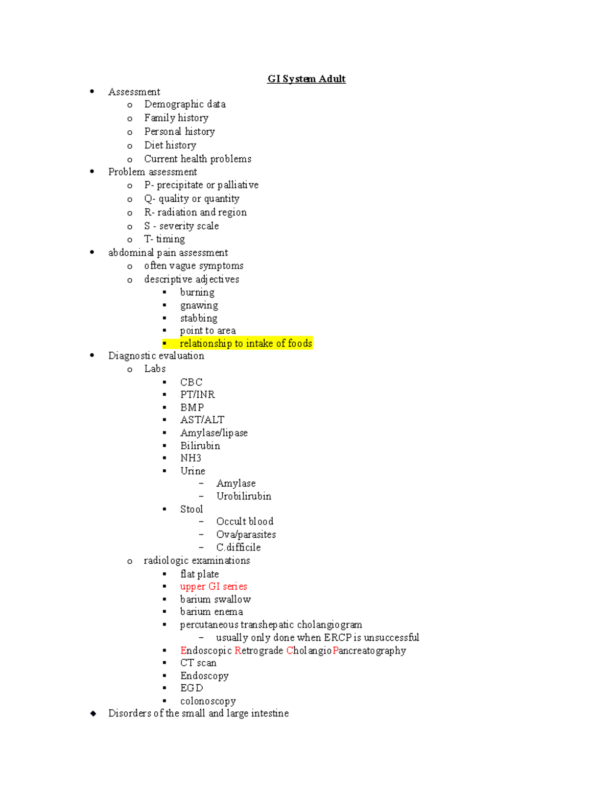 GI System Adult - GI System Adult Assessment o Demographic data o ...