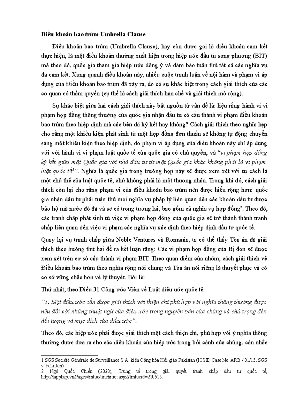 ĐTQT đầu tư quốc tế Điều khoản bao trùm Umbrella Clause Điều khoản