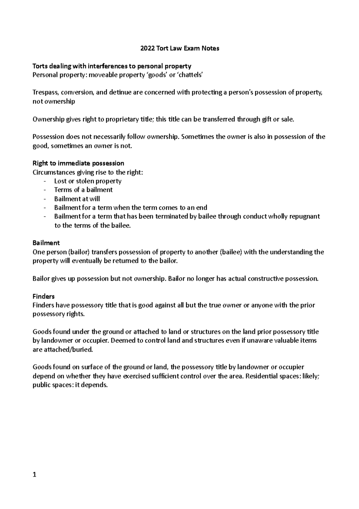 2022 Tort Law Exam Notes - 2022 Tort Law Exam Notes Torts dealing with ...